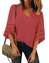 Load image into Gallery viewer, Maolijer Women's V-Neck Casual 3/4 Bell Sleeve Mesh Panel Blouses Loose Tops Shirt