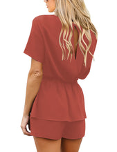 Load image into Gallery viewer, Maolijer Women's Casual Crew Neck Summer Solid Jumpsuit Belted Chiffon One Piece Romper Shorts