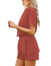 Load image into Gallery viewer, Maolijer Women's Casual Crew Neck Summer Solid Jumpsuit Belted Chiffon One Piece Romper Shorts