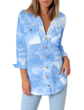 Load image into Gallery viewer, Maolijer Women's Casual V Neck Button Down Blouse Roll-up Sleeve Loose Shirt Tunic Tops with Pockets