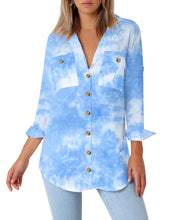 Load image into Gallery viewer, Maolijer Women's Casual V Neck Button Down Blouse Roll-up Sleeve Loose Shirt Tunic Tops with Pockets