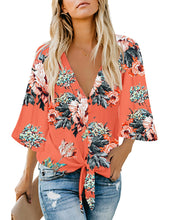 Load image into Gallery viewer, Maolijer Women's Casual Loose Shirt 3/4 Sleeve V Neck Loose Tie Front Blouses Top