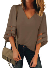 Load image into Gallery viewer, Maolijer Women's V-Neck Casual 3/4 Bell Sleeve Mesh Panel Blouses Loose Tops Shirt