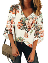 Load image into Gallery viewer, Maolijer Women's V-Neck Casual 3/4 Bell Sleeve Mesh Panel Blouses Loose Tops Shirt