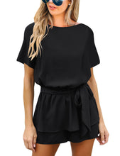 Load image into Gallery viewer, Maolijer Women's Casual Crew Neck Summer Solid Jumpsuit Belted Chiffon One Piece Romper Shorts