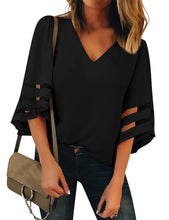 Load image into Gallery viewer, Maolijer Women's V-Neck Casual 3/4 Bell Sleeve Mesh Panel Blouses Loose Tops Shirt