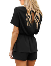 Load image into Gallery viewer, Maolijer Women's Casual Crew Neck Summer Solid Jumpsuit Belted Chiffon One Piece Romper Shorts