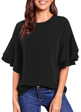 Load image into Gallery viewer, Maolijer Women's Crewneck Casual 3/4 Ruffle Sleeve Blouses Loose Tops Shirt