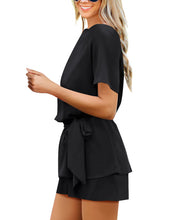 Load image into Gallery viewer, Maolijer Women's Casual Crew Neck Summer Solid Jumpsuit Belted Chiffon One Piece Romper Shorts