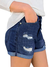 Load image into Gallery viewer, Maolijer Women's Mid Waisted Stretch Shorts Folded Hem Frayed Distressed Jean Denim Shorts