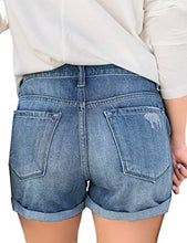 Load image into Gallery viewer, Maolijer Women's Mid Waisted Stretch Shorts Folded Hem Frayed Distressed Jean Denim Shorts