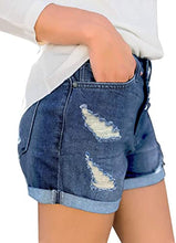 Load image into Gallery viewer, Maolijer Women's Mid Waisted Stretch Shorts Folded Hem Frayed Distressed Jean Denim Shorts