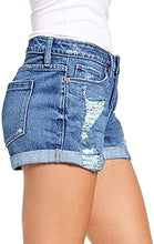 Load image into Gallery viewer, Maolijer Women's Mid Waisted Stretch Shorts Folded Hem Frayed Distressed Jean Denim Shorts