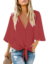 Load image into Gallery viewer, Maolijer Women's Casual Loose Shirt 3/4 Sleeve V Neck Loose Tie Front Blouses Top