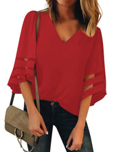 Load image into Gallery viewer, Maolijer Women's V-Neck Casual 3/4 Bell Sleeve Mesh Panel Blouses Loose Tops Shirt