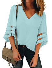 Load image into Gallery viewer, Maolijer Women's V-Neck Casual 3/4 Bell Sleeve Mesh Panel Blouses Loose Tops Shirt