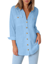 Load image into Gallery viewer, Maolijer Women's Casual V Neck Button Down Blouse Roll-up Sleeve Loose Shirt Tunic Tops with Pockets