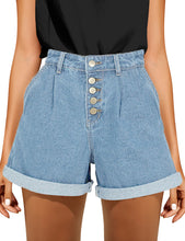 Load image into Gallery viewer, Maolijer Women's Mid Waisted Stretch Shorts Folded Hem Frayed Distressed Jean Denim Shorts