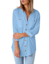 Load image into Gallery viewer, Maolijer Women's Casual V Neck Button Down Blouse Roll-up Sleeve Loose Shirt Tunic Tops with Pockets