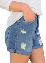 Load image into Gallery viewer, Maolijer Women's Mid Waisted Stretch Shorts Folded Hem Frayed Distressed Jean Denim Shorts