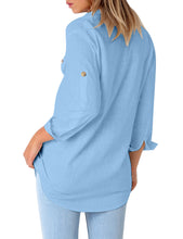 Load image into Gallery viewer, Maolijer Women's Casual V Neck Button Down Blouse Roll-up Sleeve Loose Shirt Tunic Tops with Pockets