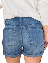 Load image into Gallery viewer, Maolijer Women's Mid Waisted Stretch Shorts Folded Hem Frayed Distressed Jean Denim Shorts
