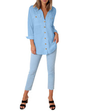 Load image into Gallery viewer, Maolijer Women's Casual V Neck Button Down Blouse Roll-up Sleeve Loose Shirt Tunic Tops with Pockets