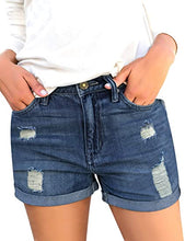 Load image into Gallery viewer, Maolijer Women's Mid Waisted Stretch Shorts Folded Hem Frayed Distressed Jean Denim Shorts