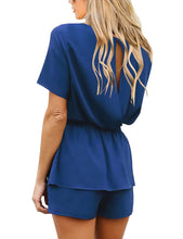 Load image into Gallery viewer, Maolijer Women's Casual Crew Neck Summer Solid Jumpsuit Belted Chiffon One Piece Romper Shorts