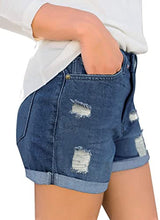 Load image into Gallery viewer, Maolijer Women's Mid Waisted Stretch Shorts Folded Hem Frayed Distressed Jean Denim Shorts