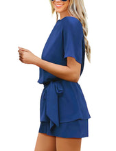Load image into Gallery viewer, Maolijer Women's Casual Crew Neck Summer Solid Jumpsuit Belted Chiffon One Piece Romper Shorts