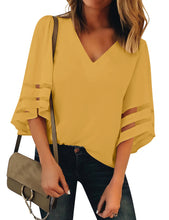Load image into Gallery viewer, Maolijer Women's V-Neck Casual 3/4 Bell Sleeve Mesh Panel Blouses Loose Tops Shirt