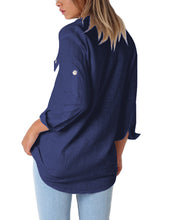 Load image into Gallery viewer, Maolijer Women's Casual V Neck Button Down Blouse Roll-up Sleeve Loose Shirt Tunic Tops with Pockets