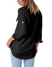 Load image into Gallery viewer, Maolijer Women's Casual V Neck Button Down Blouse Roll-up Sleeve Loose Shirt Tunic Tops with Pockets