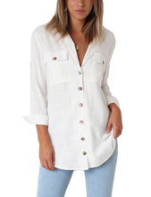 Load image into Gallery viewer, Maolijer Women's Casual V Neck Button Down Blouse Roll-up Sleeve Loose Shirt Tunic Tops with Pockets