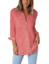 Load image into Gallery viewer, Maolijer Women's Casual V Neck Button Down Blouse Roll-up Sleeve Loose Shirt Tunic Tops with Pockets