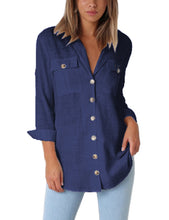 Load image into Gallery viewer, Maolijer Women's Casual V Neck Button Down Blouse Roll-up Sleeve Loose Shirt Tunic Tops with Pockets