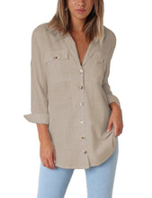 Load image into Gallery viewer, Maolijer Women's Casual V Neck Button Down Blouse Roll-up Sleeve Loose Shirt Tunic Tops with Pockets
