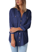 Load image into Gallery viewer, Maolijer Women's Casual V Neck Button Down Blouse Roll-up Sleeve Loose Shirt Tunic Tops with Pockets