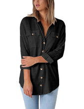 Load image into Gallery viewer, Maolijer Women's Casual V Neck Button Down Blouse Roll-up Sleeve Loose Shirt Tunic Tops with Pockets
