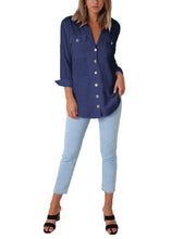 Load image into Gallery viewer, Maolijer Women's Casual V Neck Button Down Blouse Roll-up Sleeve Loose Shirt Tunic Tops with Pockets