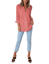 Load image into Gallery viewer, Maolijer Women's Casual V Neck Button Down Blouse Roll-up Sleeve Loose Shirt Tunic Tops with Pockets