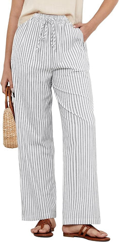 Maolijer  Women's Striped Pants High Rise Wide Leg Pants Elastic Waist Casual Pants