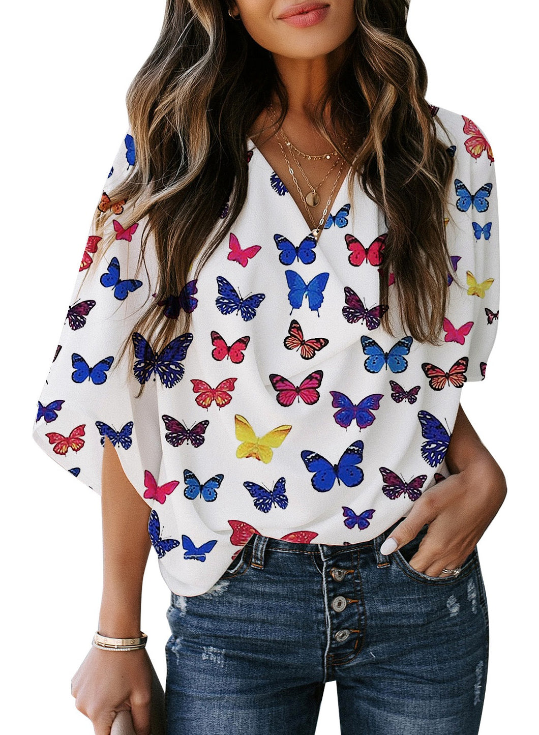 Maolijer Women's Draped Neck Blouses Dolman 3/4 Sleeve Loose Tops Shirt