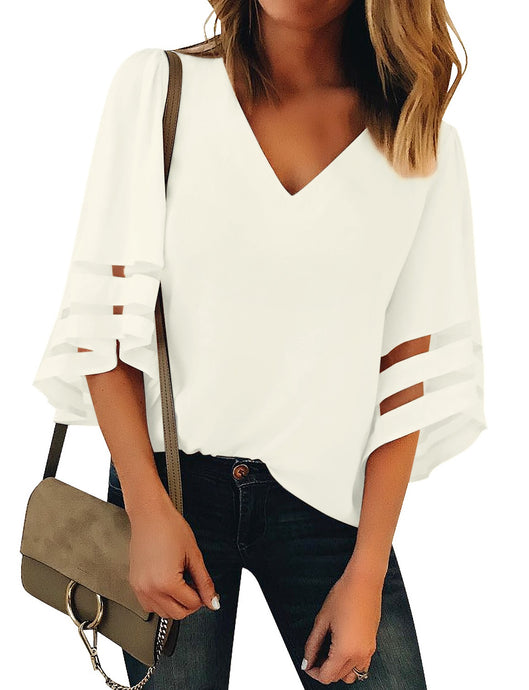 Maolijer Women's V-Neck Casual 3/4 Bell Sleeve Mesh Panel Blouses Loose Tops Shirt