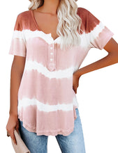 Load image into Gallery viewer, Maolijer Womens Short Sleeve Tie Dye Henley Shirt Color Block Striped Tunic Tops