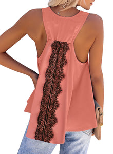 Maolijer Women's V Neck Lace Tank Top High Low Hem Loose Sleeveless Blouse Shirt