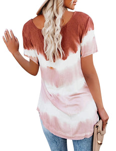 Maolijer Womens Short Sleeve Tie Dye Henley Shirt Color Block Striped Tunic Tops
