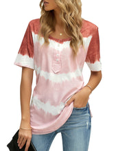 Load image into Gallery viewer, Maolijer Womens Short Sleeve Tie Dye Henley Shirt Color Block Striped Tunic Tops