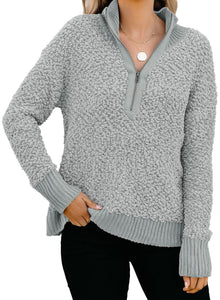 Maolijer Women's Casual Long Sleeves Zipper Fleece Pullover Sweater Fuzzy Sherpa Outwear Tunic Tops